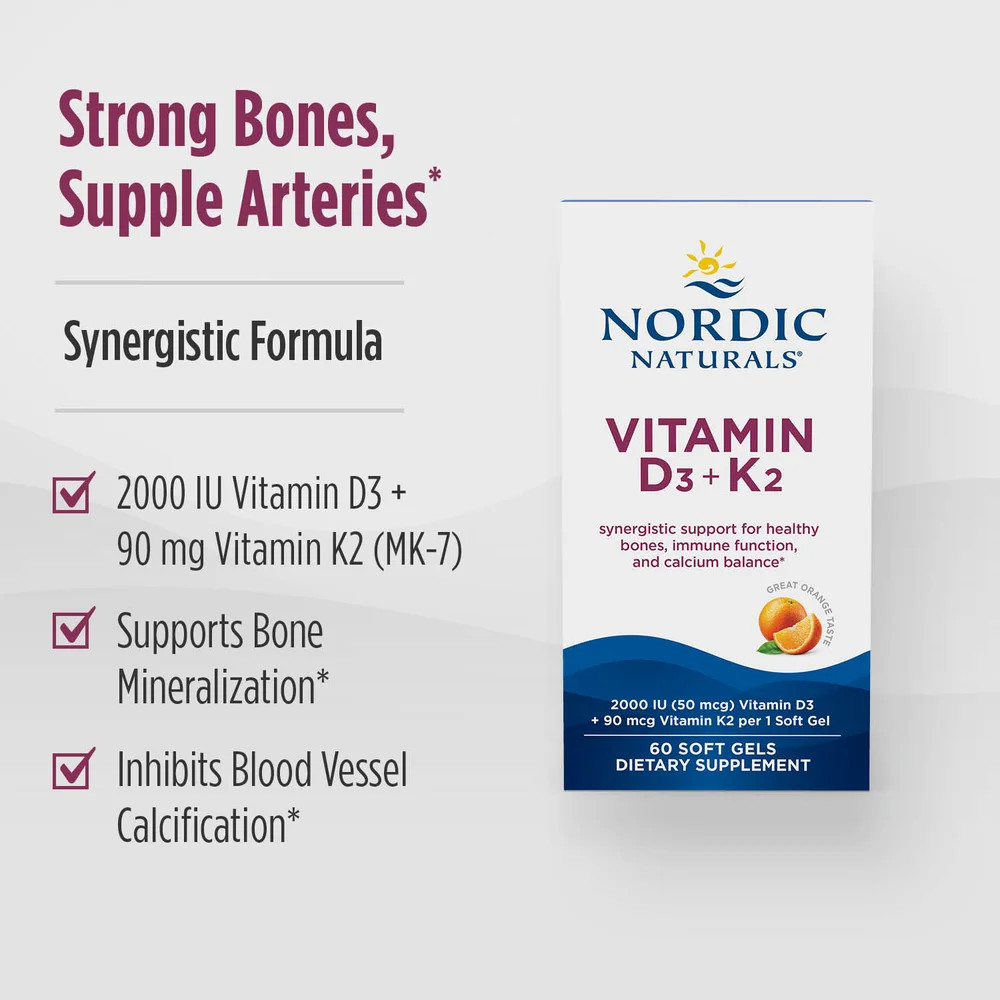 Nordic Naturals D3+K2 – Orange – Vitamin D3 (50 mcg) & Vitamin K (90 mcg), 60 Ct