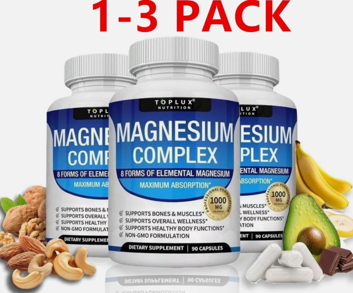 New Toplux Nutrition Magnesium Complex 1000mg Supports 8 Elemental Magnesium