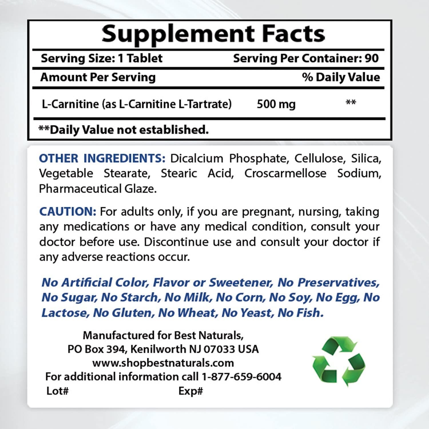 2 Pack Best Naturals L-Carnitine Tartrate 500 mg 90 Tablets