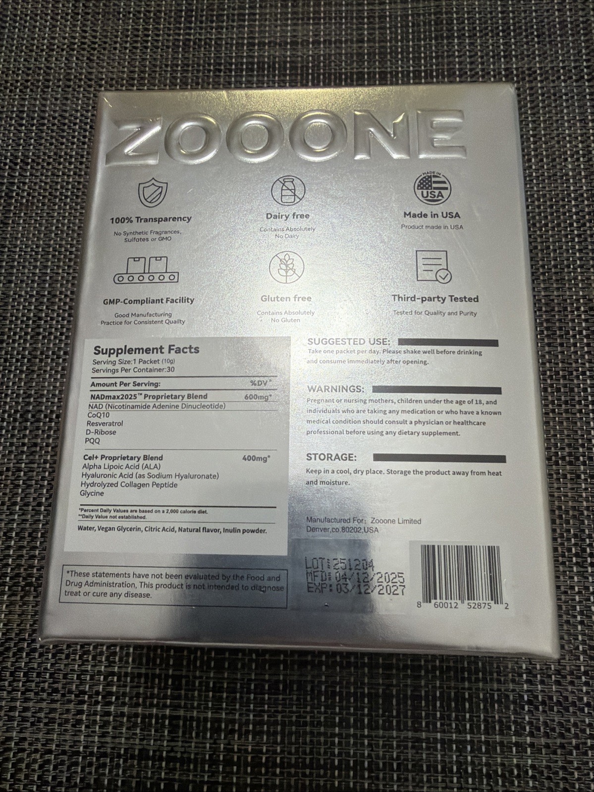ZOOONE NAD+ 1000mg Liquid Packets – 30 Count, Silver Box – Nicotinamide Riboside