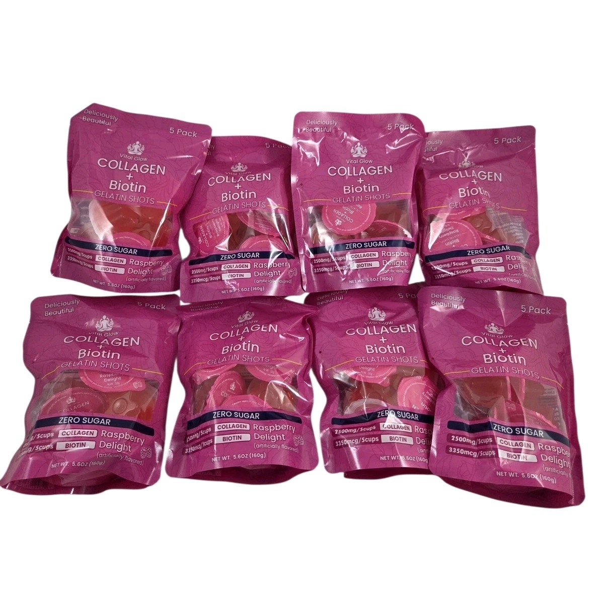 Lot Of 8 Vital Glow Collagen + Biotin Gelatin Shots 5 Pack Raspberry Zero Sugar