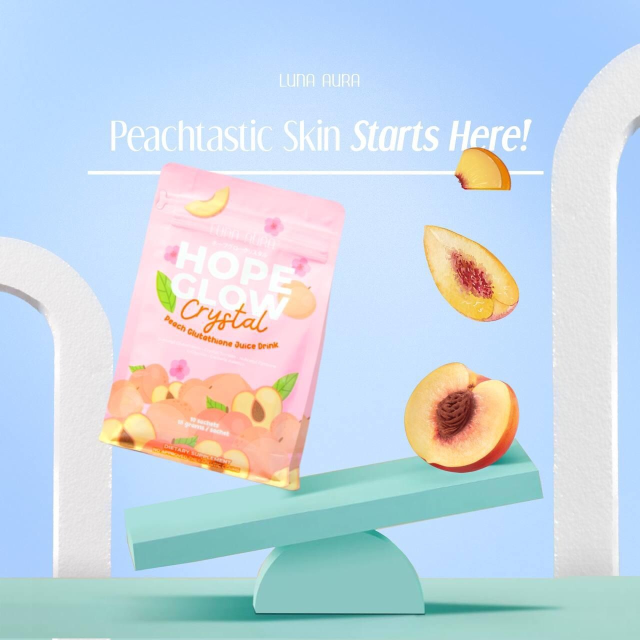 Hope Glow CRYSTAL Peach Glutathione Juice Drink, 10 Sachets x 18g