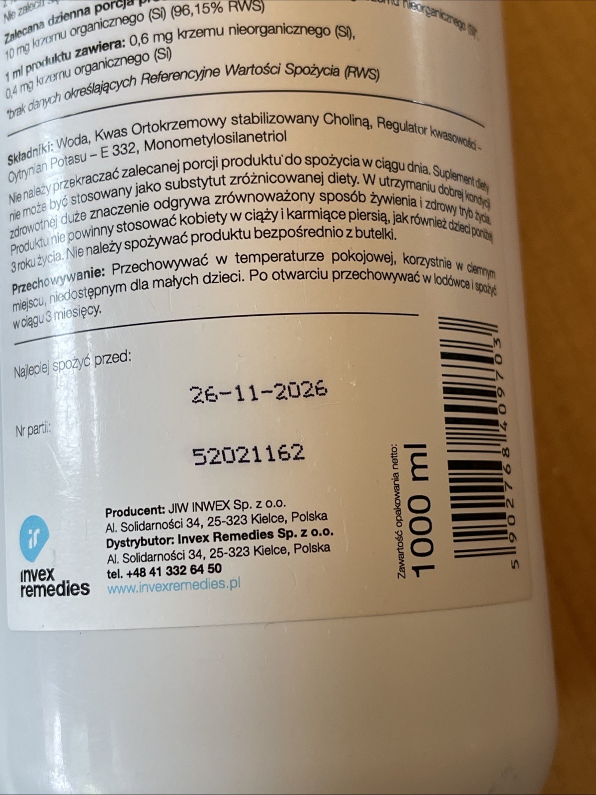 Invex Remedies Organic Silica dietary supplement, SILOR organic 1000ml NEW