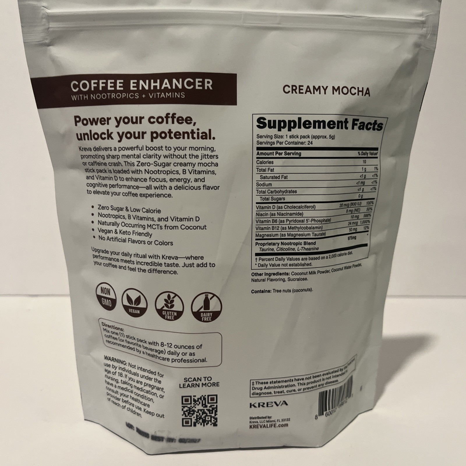 Kreva Creamy Mocha Coffee Enhancer with Nootropics & Vitamins Variety Pack 24pk