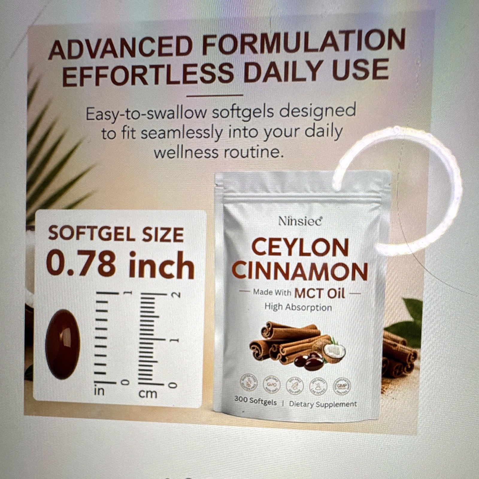 Ninsiec Ceylon Cinnamon Extract + MCT Oil Softgels 300 Antioxidant Non-GMO