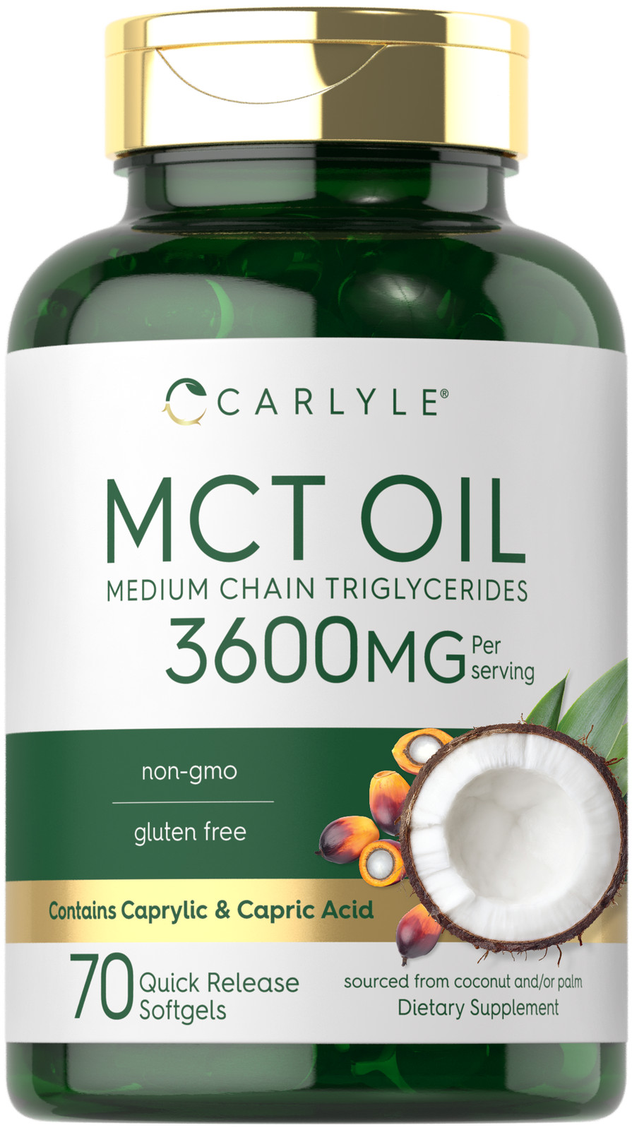 MCT Oil Capsules 3600 mg | 70 Softgels | Keto Coconut Oil Pills | by Carlyle