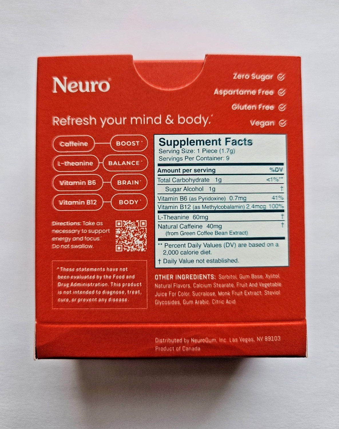 5 PK Neuro Gum CINNAMON Caffeine B-12 Natural Boost Energy Focus Fresh, EXP 2027