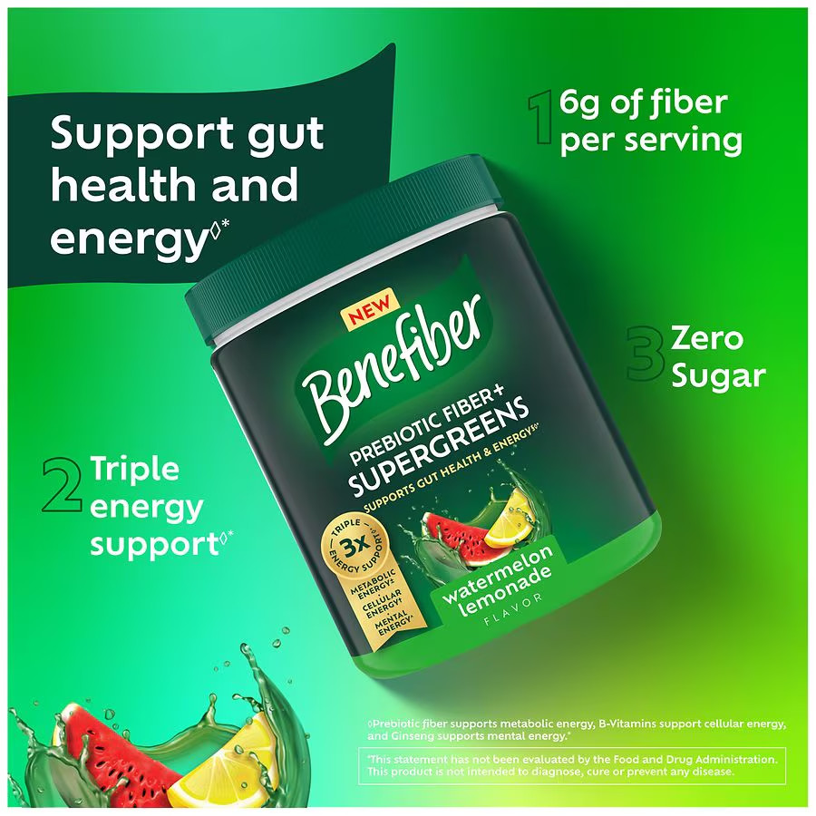 Benefiber Prebiotic Fiber + Supergreens, Watermelon Lemonade, 8.8 Oz, exp1/2027