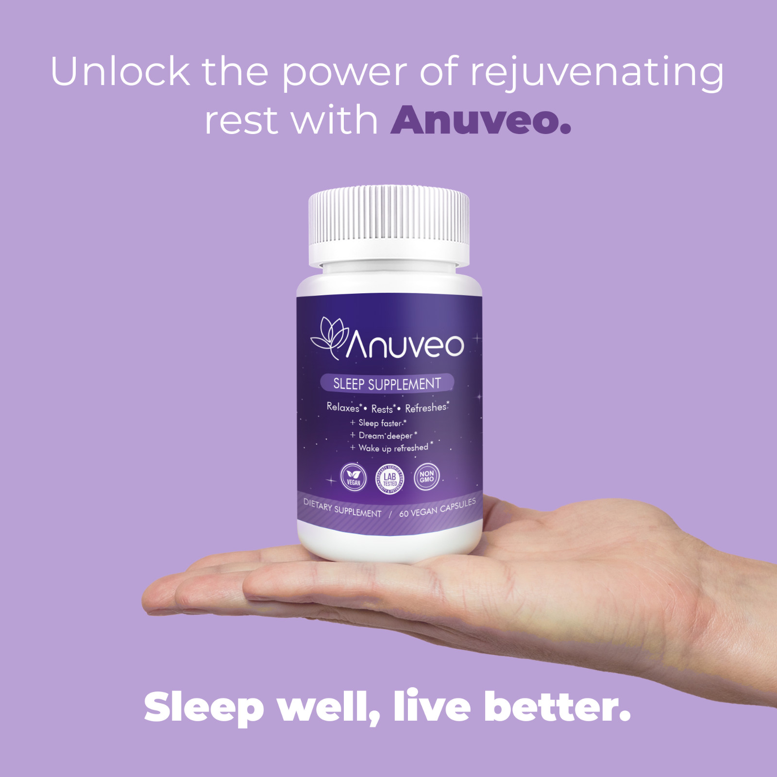 Anuveo Herbal Sleep Aid – Vegan Supplement with Melatonin and Magnesium, 60 Caps