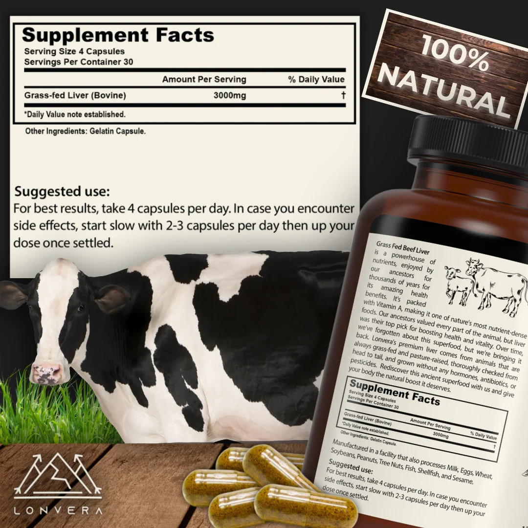 Lonvera Grass-Fed Beef Liver Capsules 3000mg Pasture-Raised Non-GMO GF