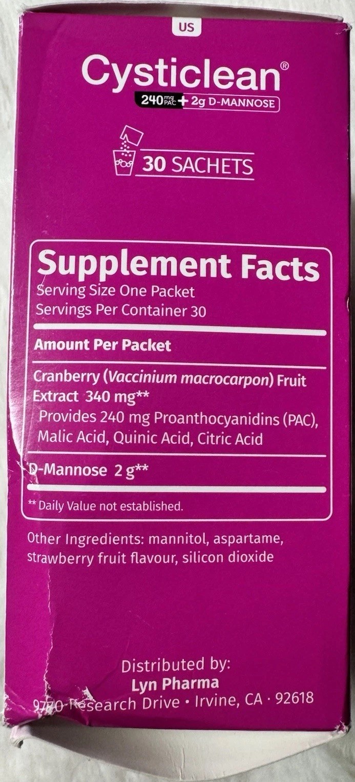 Cysticlean 240mg PAC + 2g D-Mannose 30 Packets Urinary Tract Health Exp 2027 New