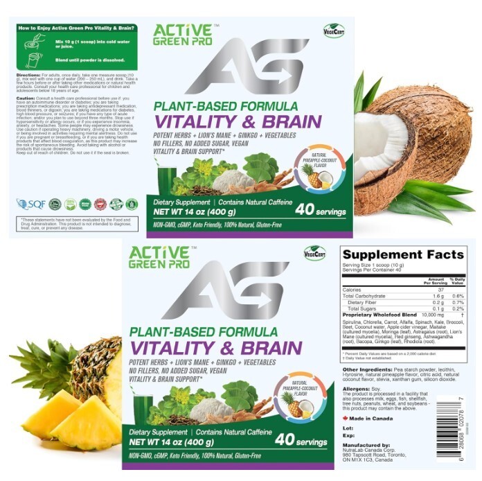 Active Green Pro Vitality & Brain Powder, Blend of Synergistic Herbs/Mushrooms/V