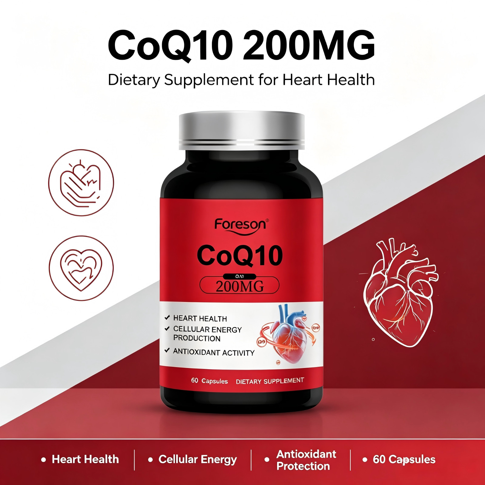Foreson Coenzyme Q10 Capsules Heart Health Antioxidant Energy Support Supplement