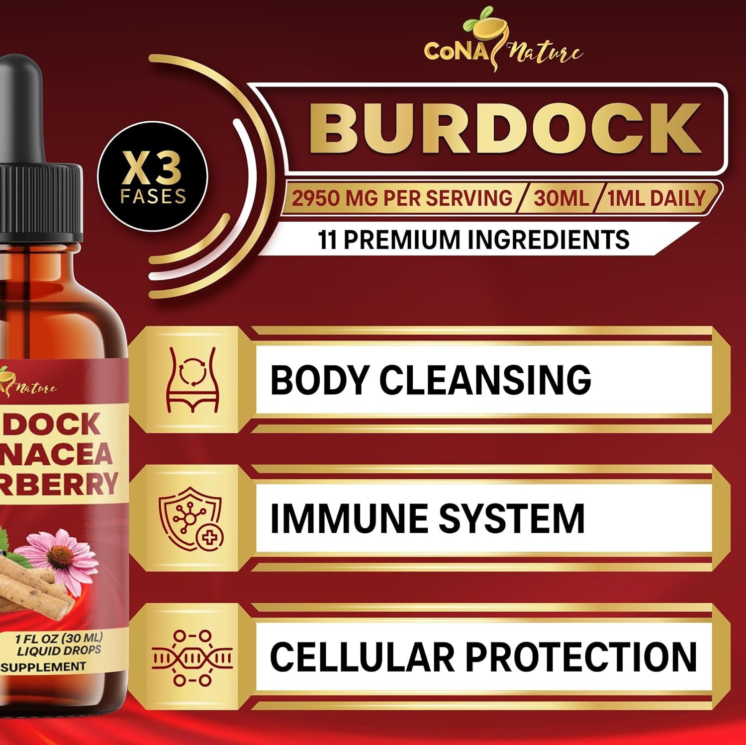 Cona Nature 17-in-1 Burdock Root Liquid Drops w/ Elderberry, Immune Support
