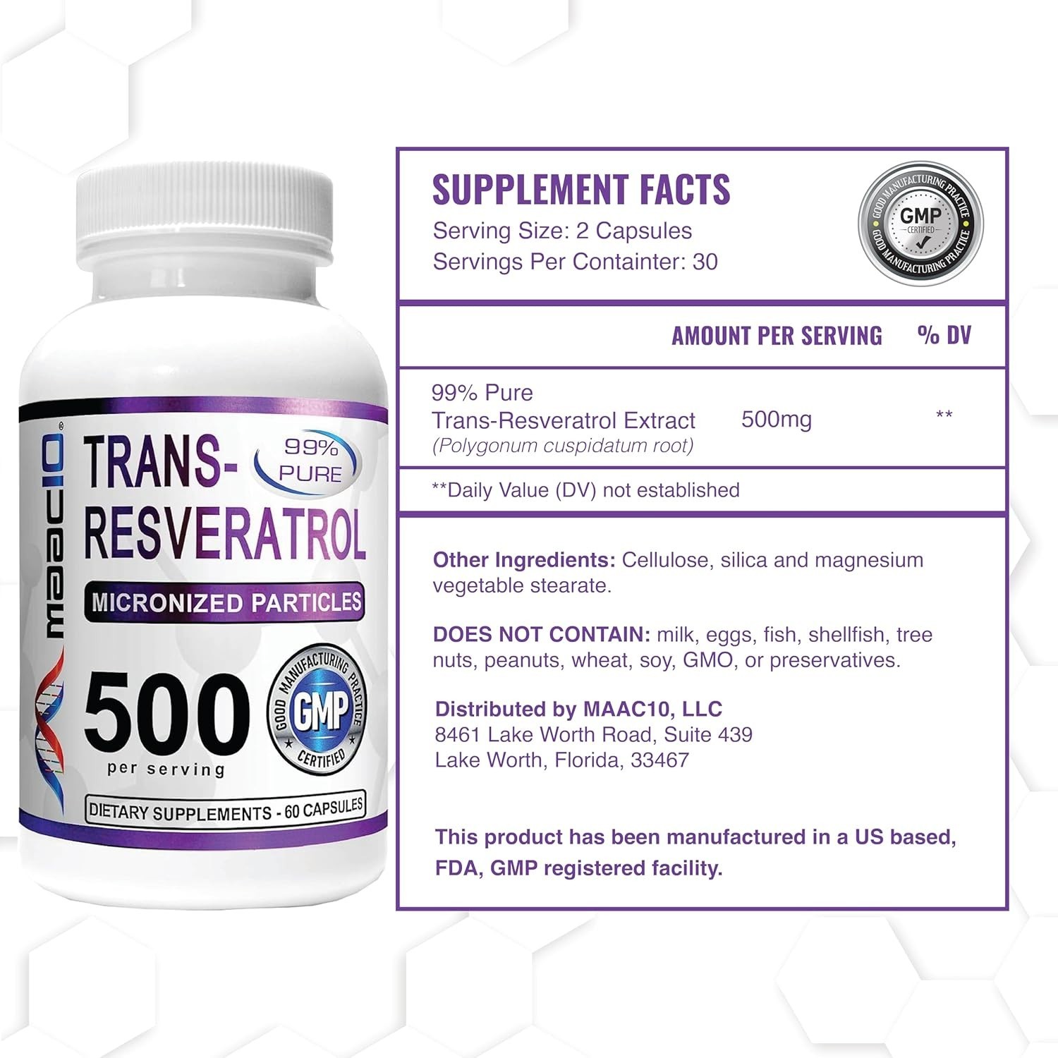 Resveratrol, 99% Pure, Micronized Trans-Resveratrol, 500mg, 60 capsules
