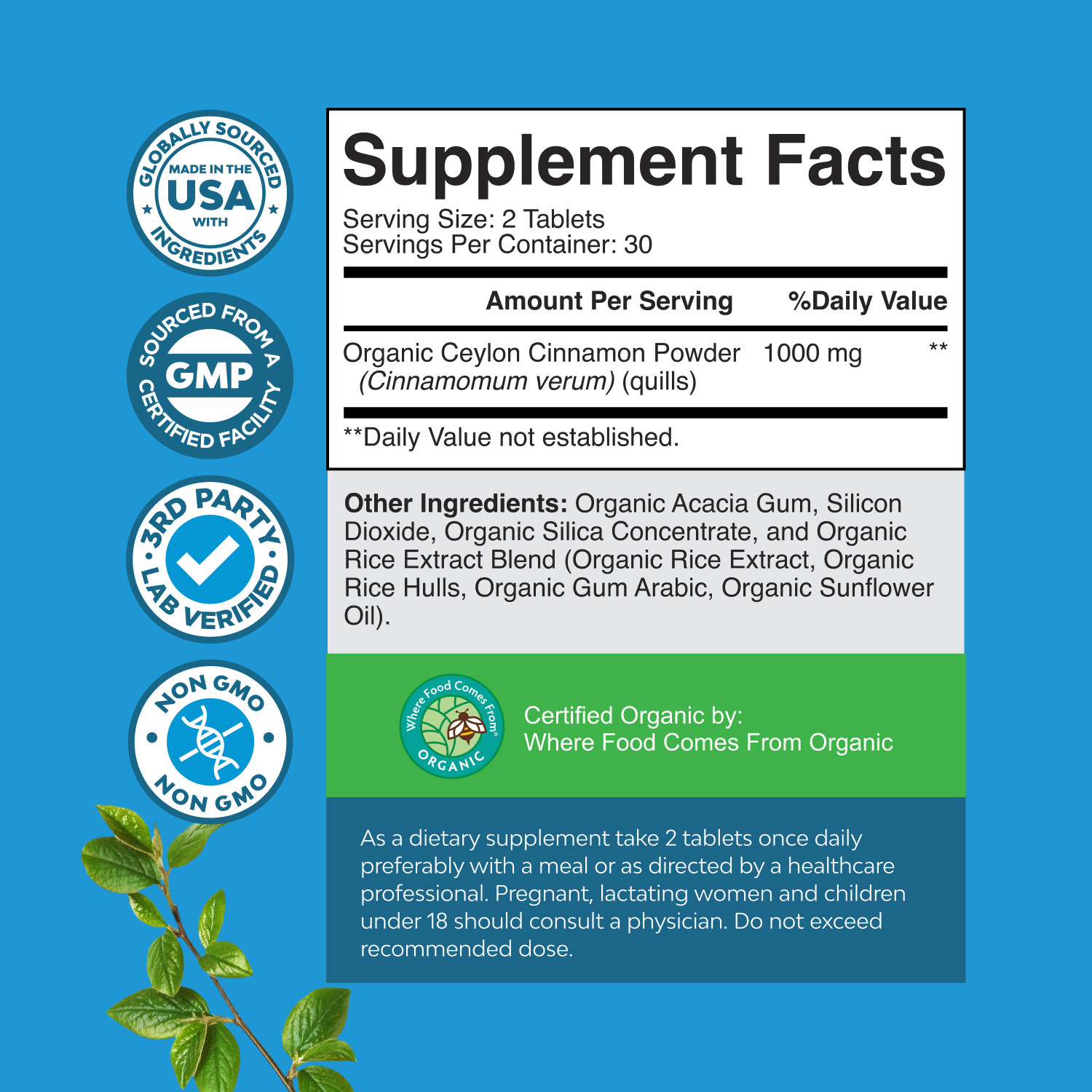 Organic Ceylon Cinnamon Tablets 1000mg Per Serving Memory Supplement Non GMO