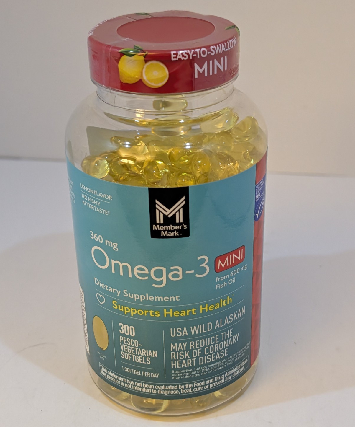 Member’s Mark Omega-3 Mini Fish Oil 360mg Softgels 300 Count Heart