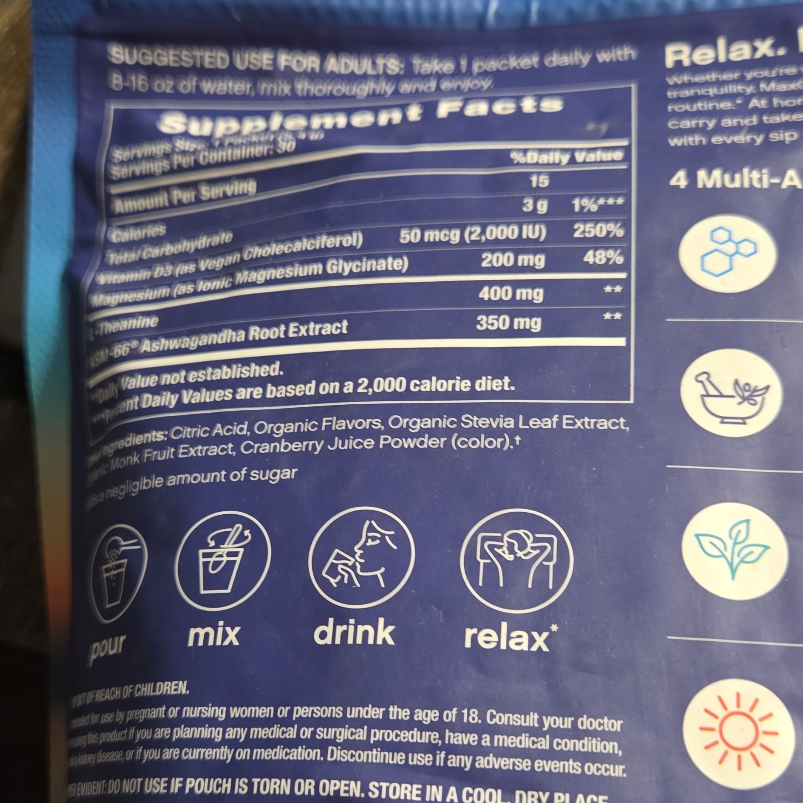 Max Calm Relaxing Drink Mix Magnesium Glycinate + KSM-66 Raspberry-Lemonade 30ct