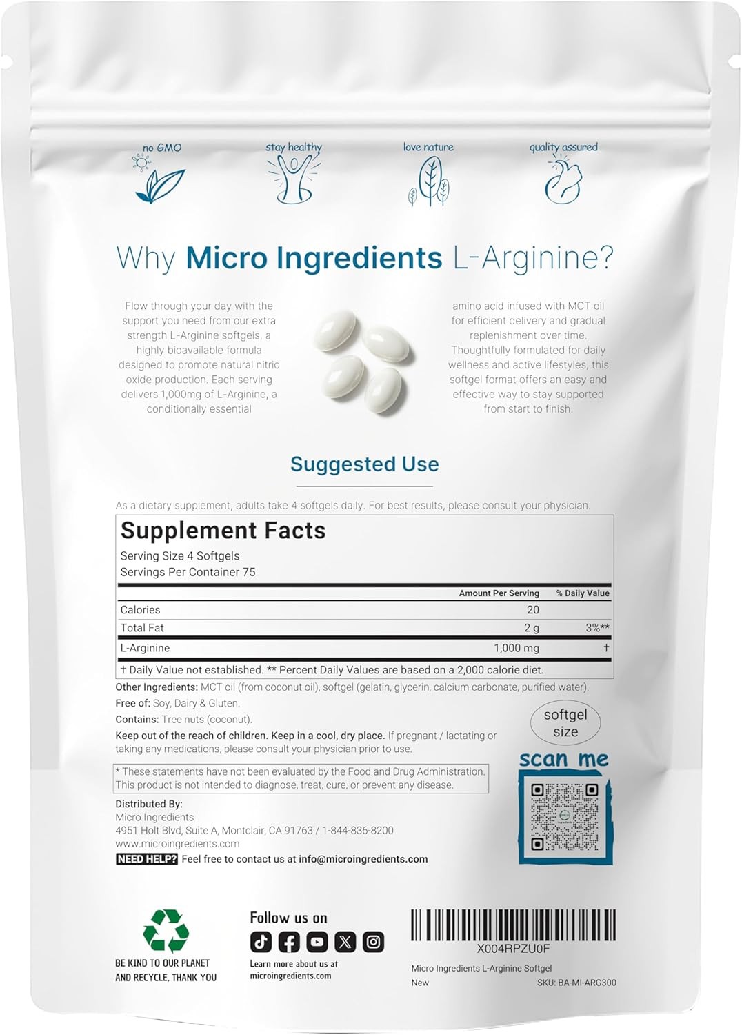 L-Arginine Nitric Oxide Precursor 1000mg with MCT Oil, 300 Softgels | L-Arginina