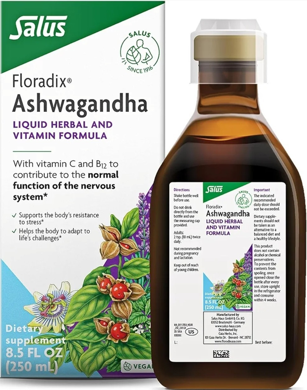 Salus Floradix Ashwagandha Vitamin C B12 Liquid Vegan Gluten Free 8.5 fl oz
