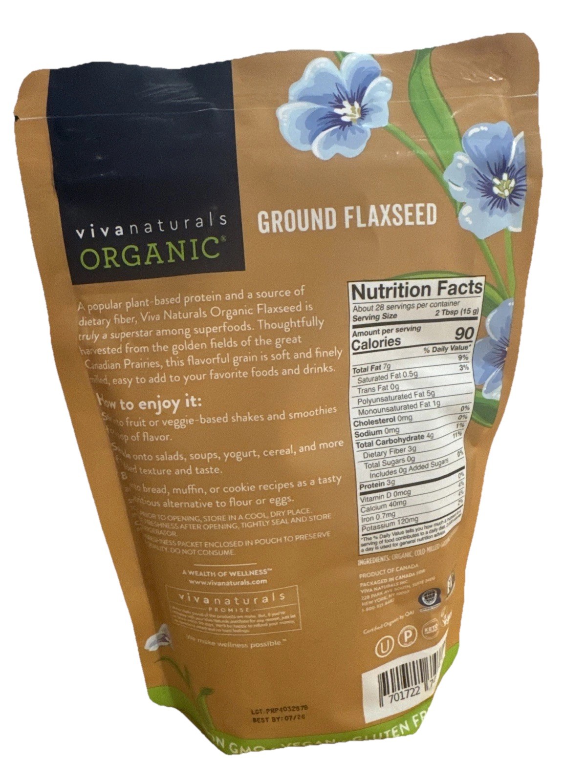 Viva Naturals Organic Ground Flaxseed 15oz (425 g) Plant-Based Protein