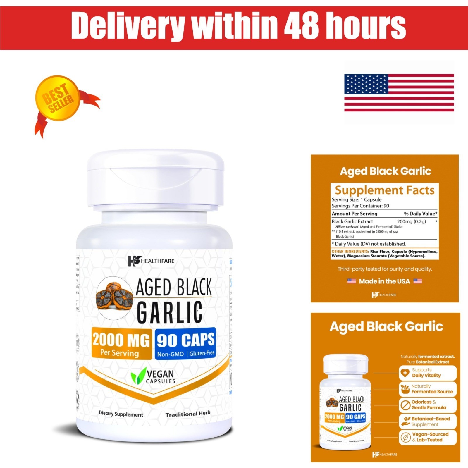 Healthfare Aged Black Garlic Supplement 90 Vegan Capsules Antioxidant