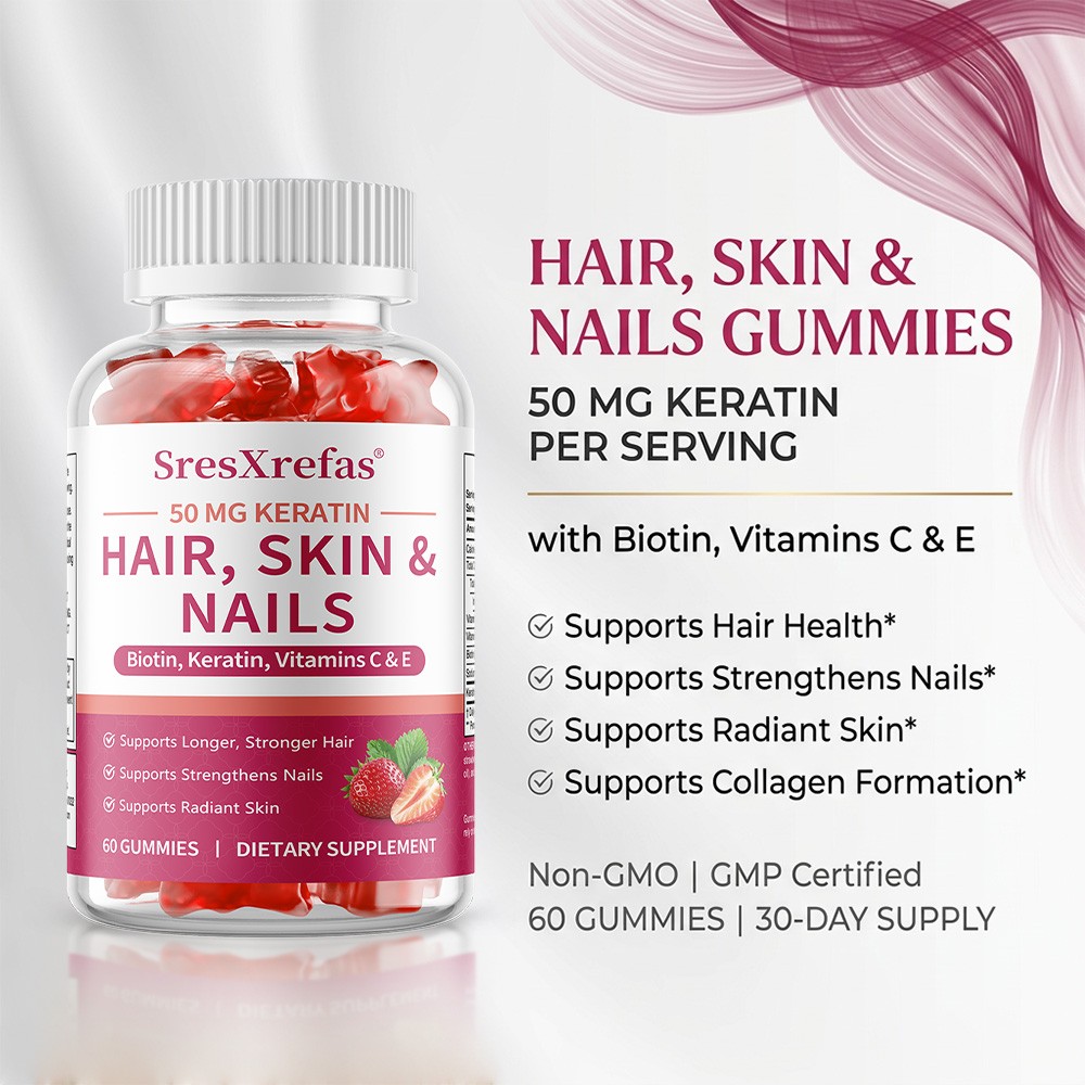Gummies with Keratin,Biotin,Vitamin C & E for Healthy Hair, Nails & Skin 60 Pcs