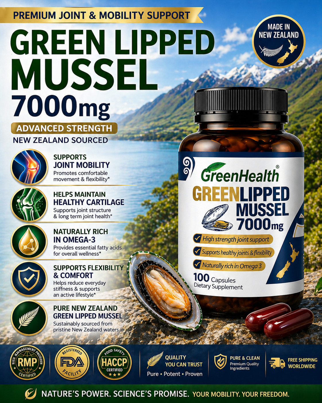 New Zealand Green Health Green Lipped Mussel 7000mg 100 Capsules