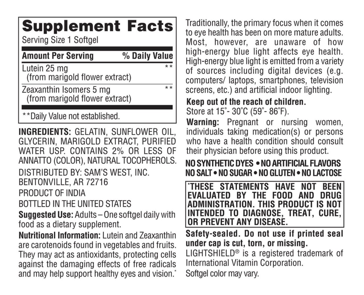 Member’s Mark Lutein 25mg & Zeaxanthin 5mg 150 Softgels ~ Expires 02/2026.