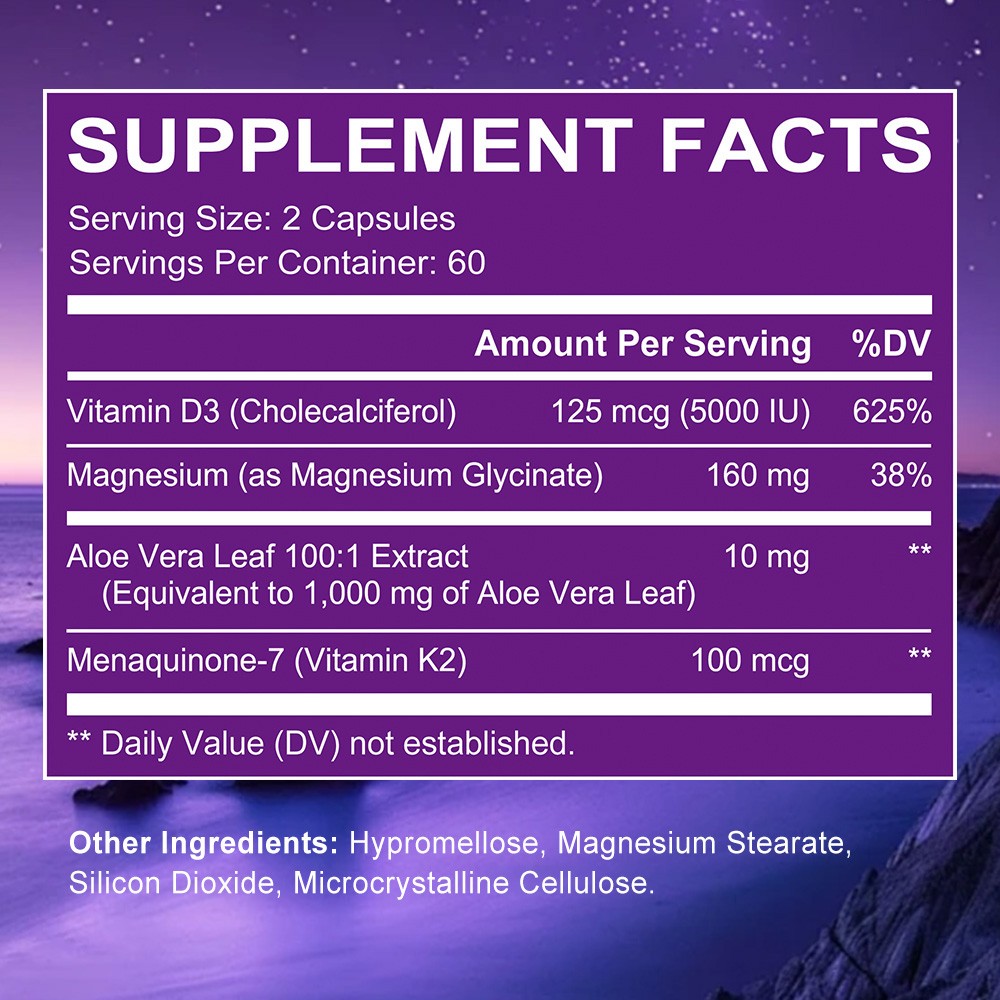 Magnesium Glycinate Complex-4-in-1 with D3,K2&Aloe Vera Stress Support 30~120Cap