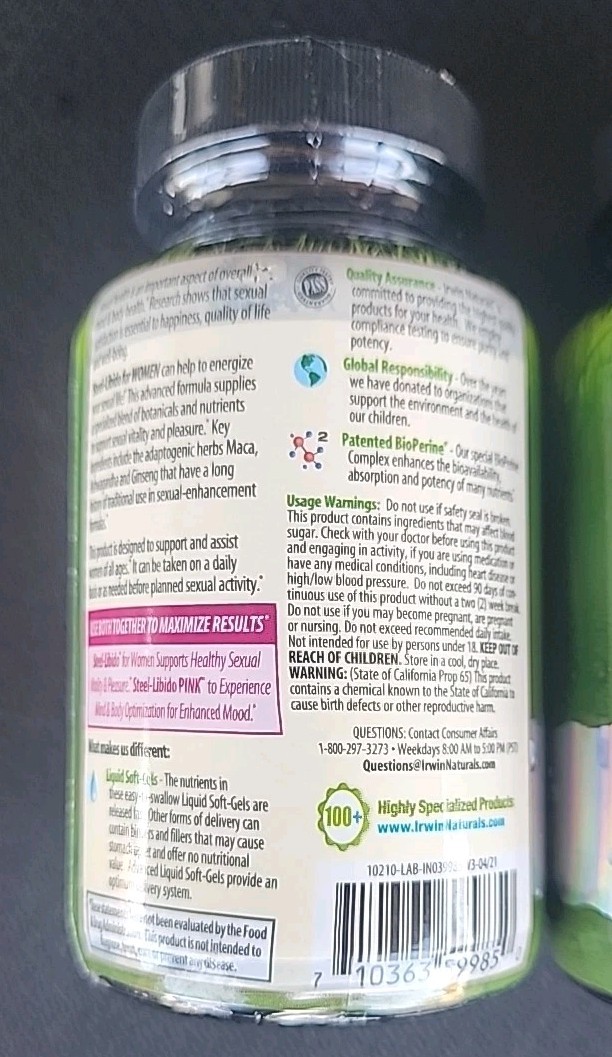 IRWIN STEEL LIBIDO FOR WOMENS 75 SOFTGELS EXP. 01/2026++(LOT OF 2)