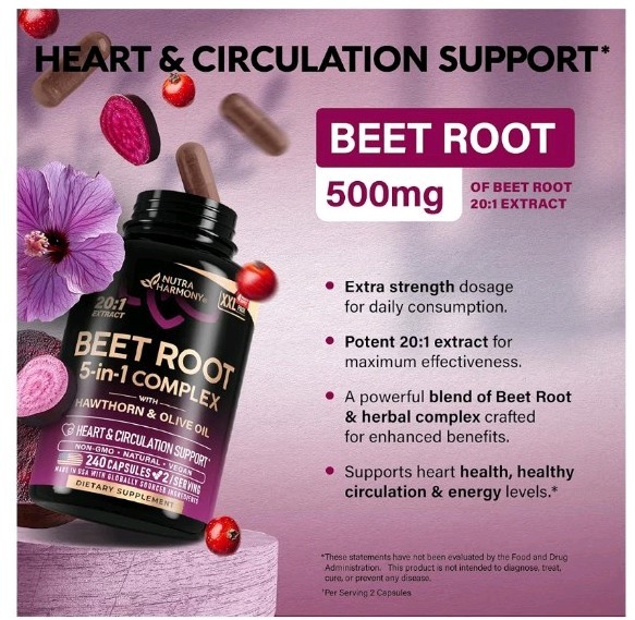 Nutra Harmony BEET ROOT 5-in-1 Complex 240 Capsules Non-GMO Vegan Heart Support