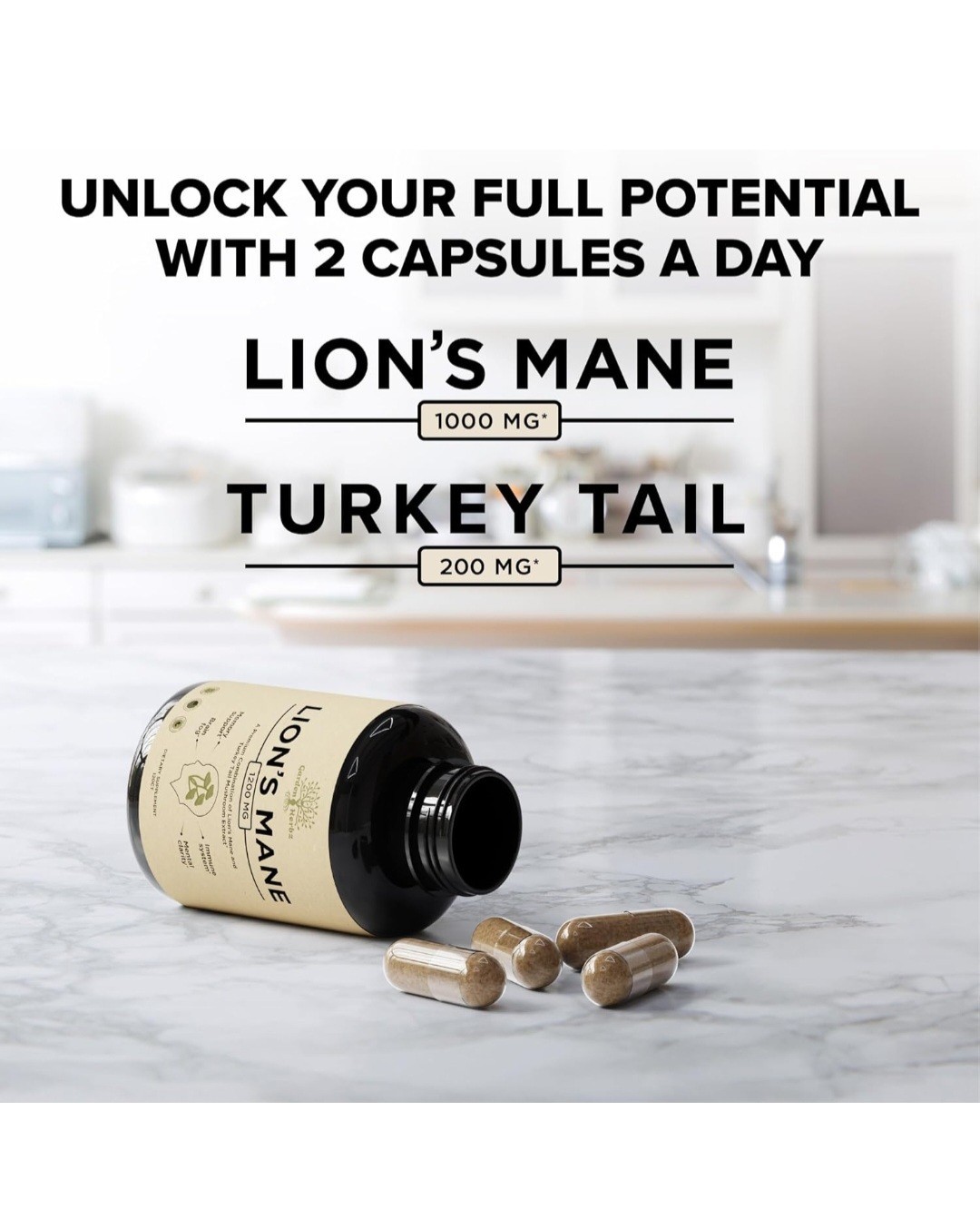 Garden of Herbz Lions Mane Supplement w/Turkey Tail Nootropic Focus Memory 120ct