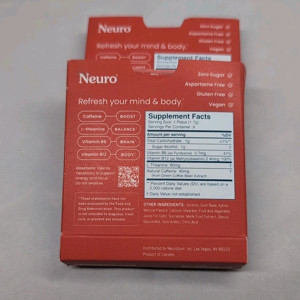 2 Neuro Gum CINNAMON Caffeine B-12, Exp 03/27