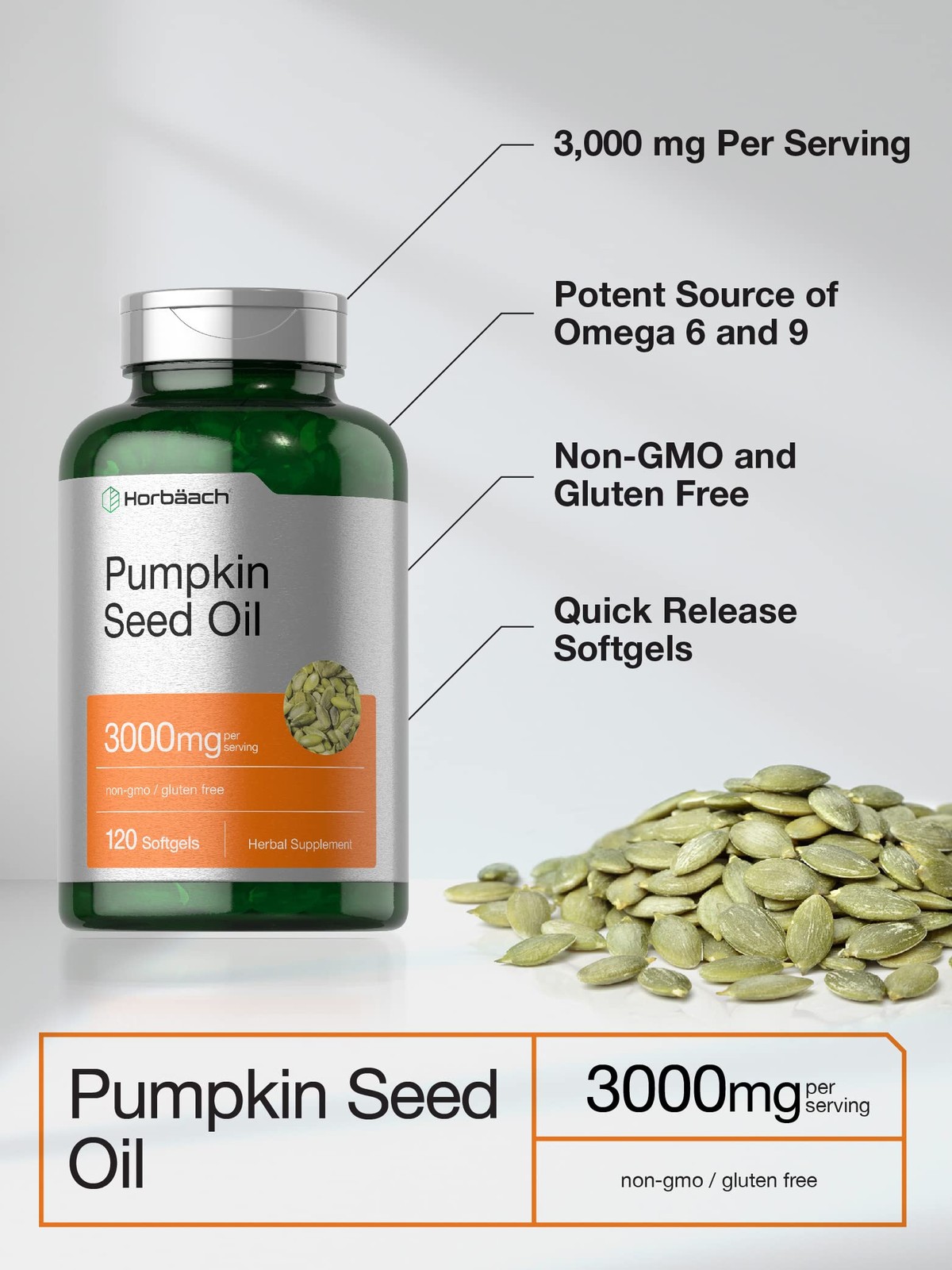 Horbäach Pumpkin Seed Oil | 3000mg | 120 Softgel 120 Count (Pack of 1)