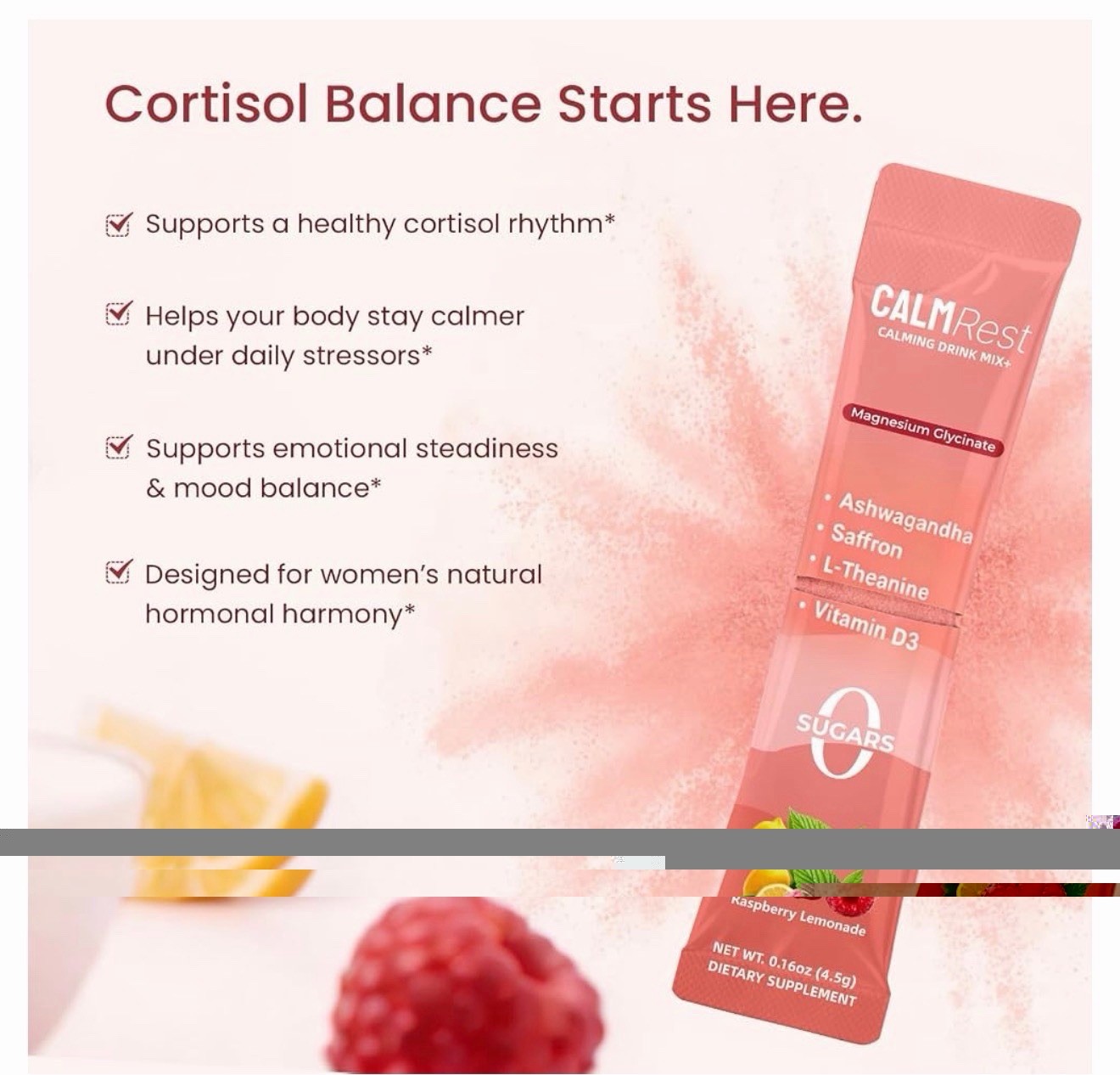 CalmRest Magnesium Glycinate Calming Drink Mix Raspberry Lemonade 15 Packets