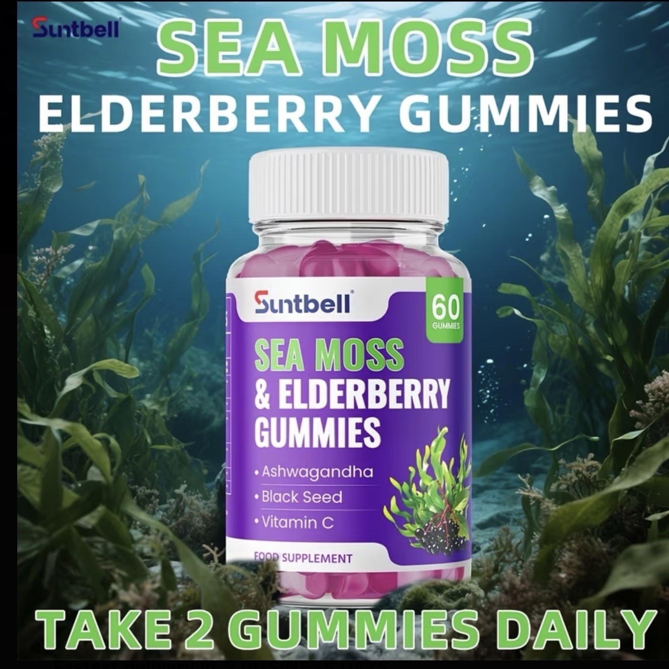Suntbell Sea Moss & Elderberry Gummies w/ Vitamin C, Grape, 60 Ct