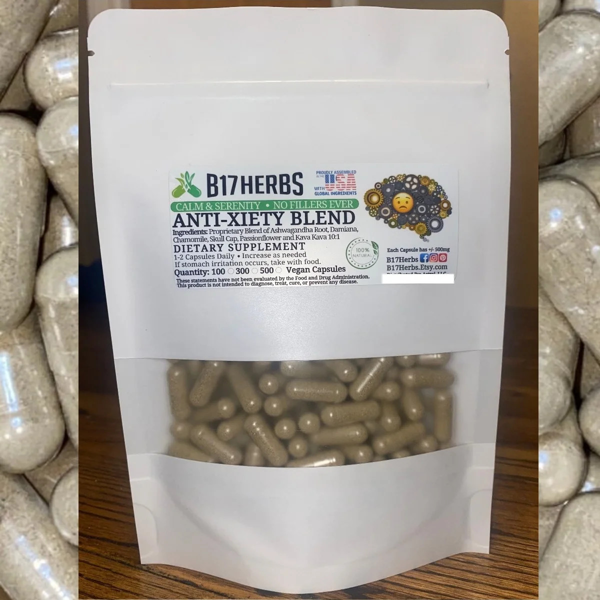 Natural Anti Anxiety Blend w/Chamomile, Damiana , Lemon Balm and more, 100 caps.