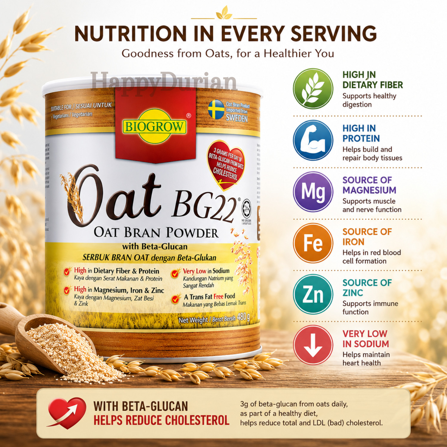 Biogrow Oat BG22 Oat Bran Powder Beta Glucan High Fiber 480g x 3