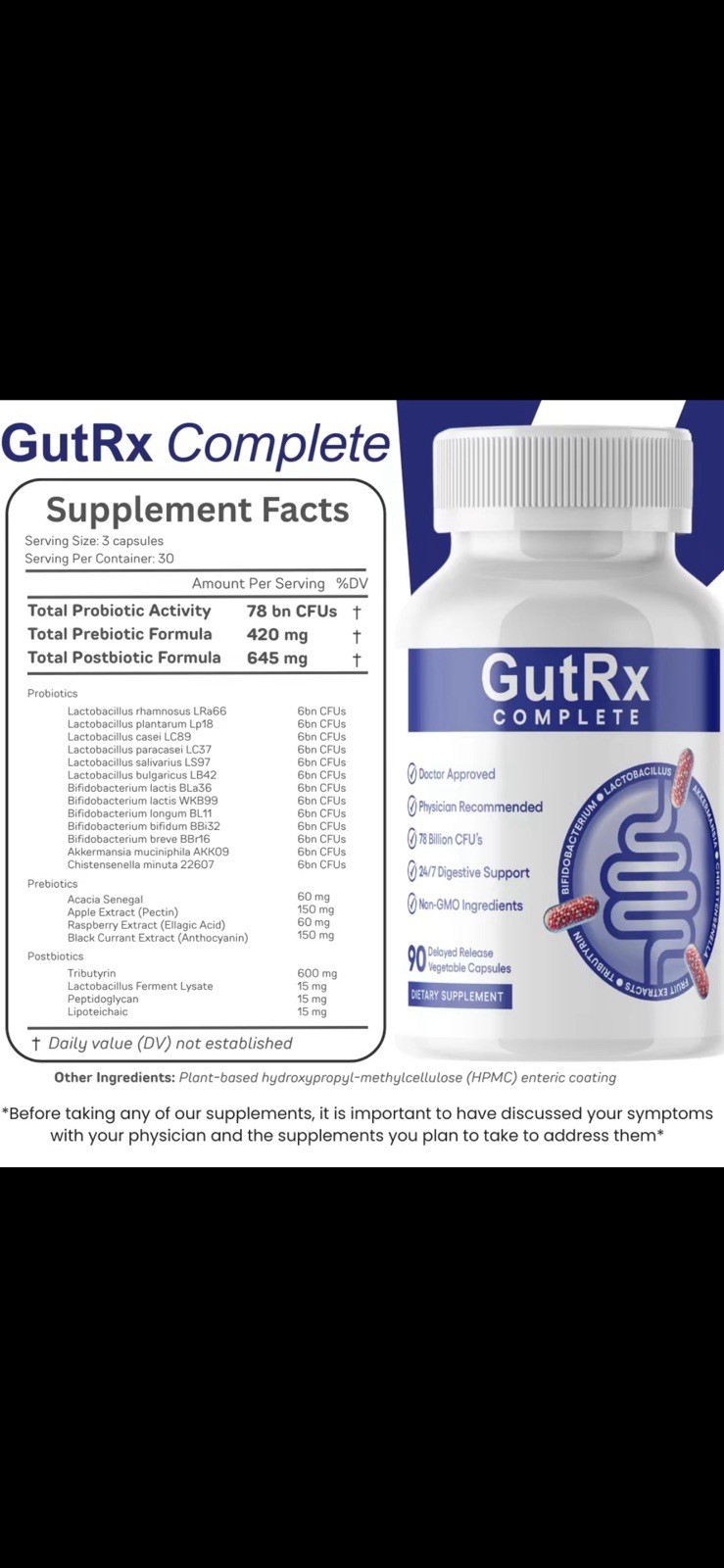 GutRx Complete Probiotic 90 Capsules Gluten-Free Non-GMO Exp 06/08/2027