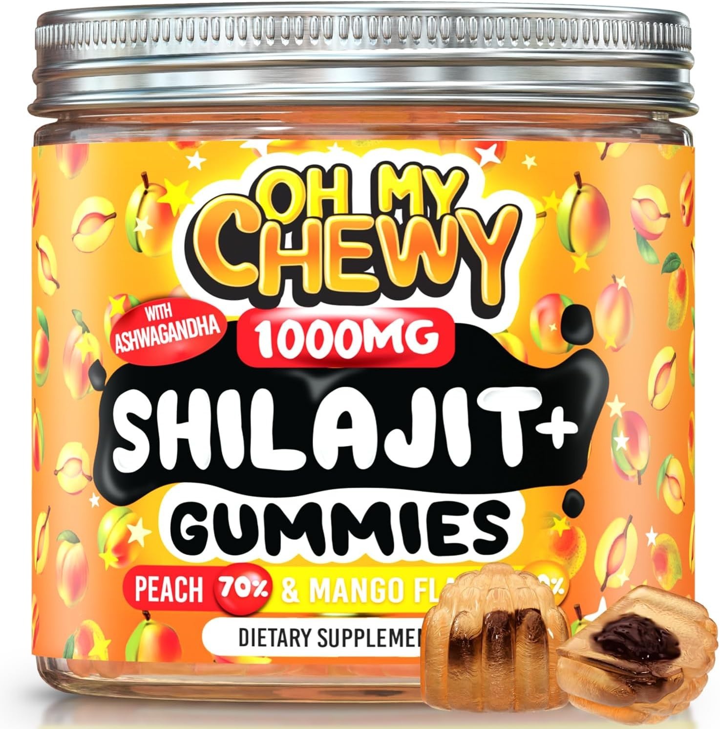 Oh My Chewy Pure Himalayan Shilajit Gummies with Ashwagandha Peach & Mango 60 ct