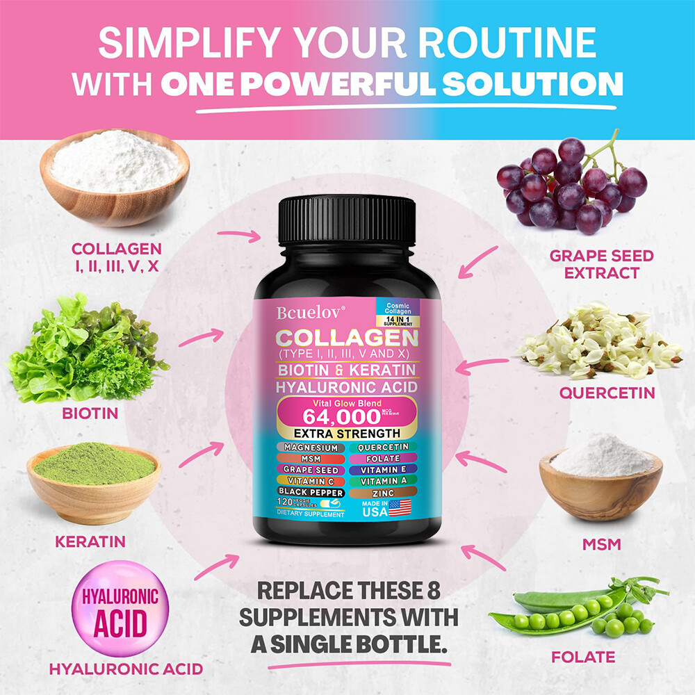 COLLAGEN PEPTIDES Types I,II, III, V, X 64,000mcg Pills Anti-Aging Skin Capsules
