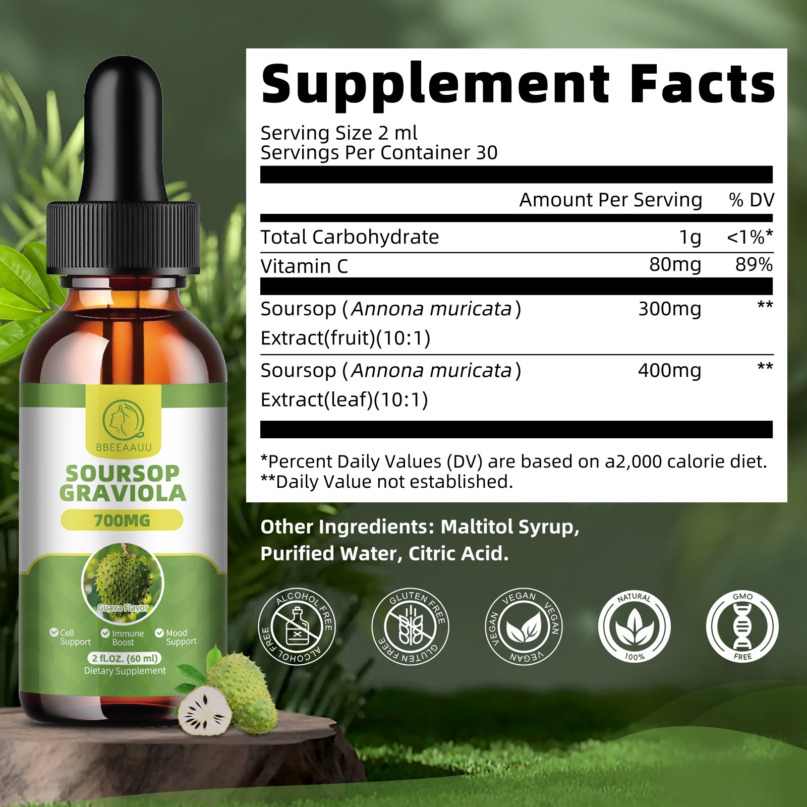 Pure Soursop Graviola Extract Liquid Drops Support Regeneration, Immune Boost