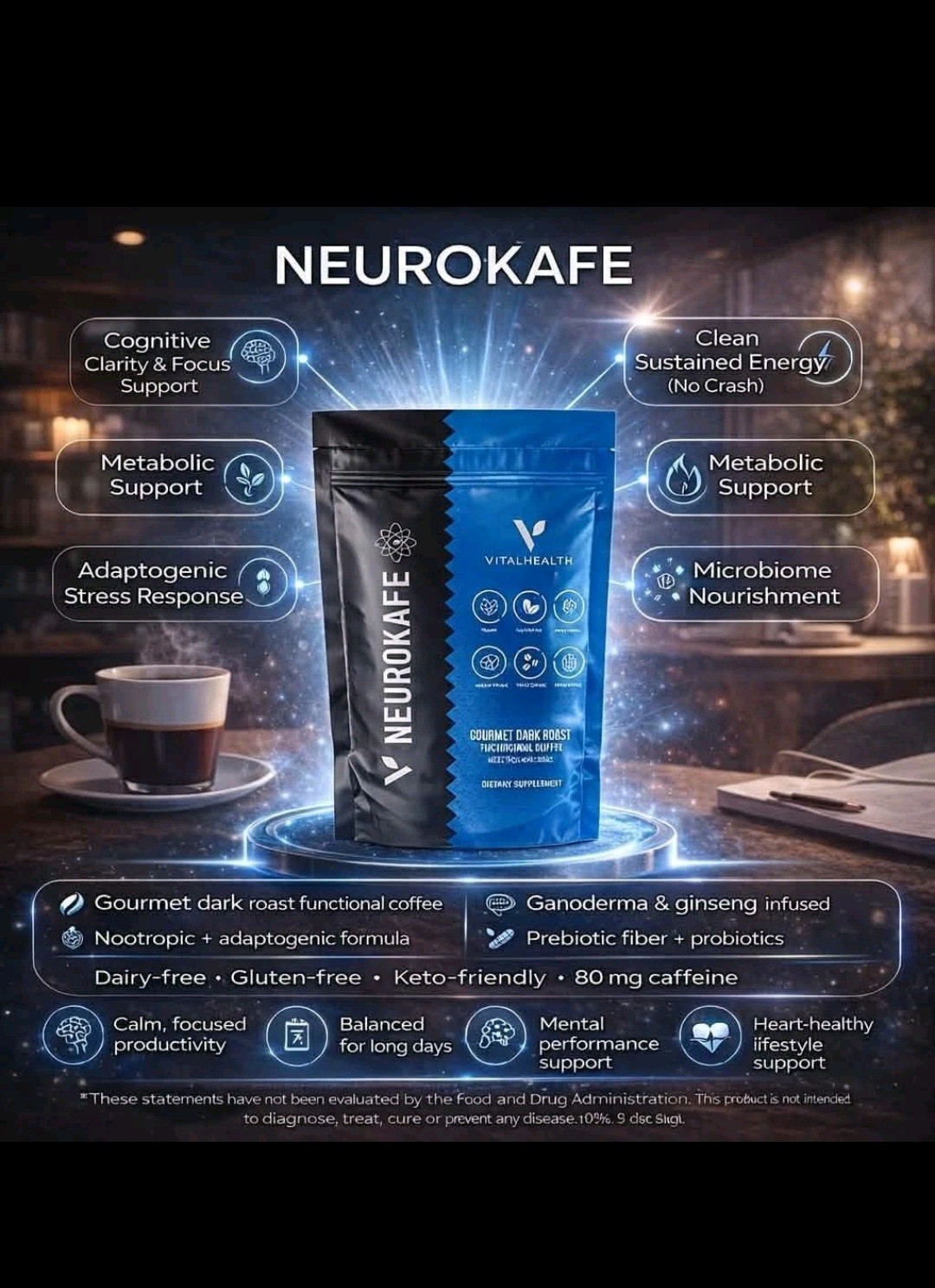 VitalHealth NeuroKafe Dark Roast Coffee Ganoderma Ginseng Keto Probiotic