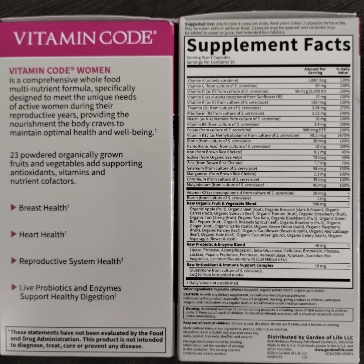 (2) Garden of Life Vitamin Code Women Whole Good Multivitamin, 120 Caps Ea 12/26