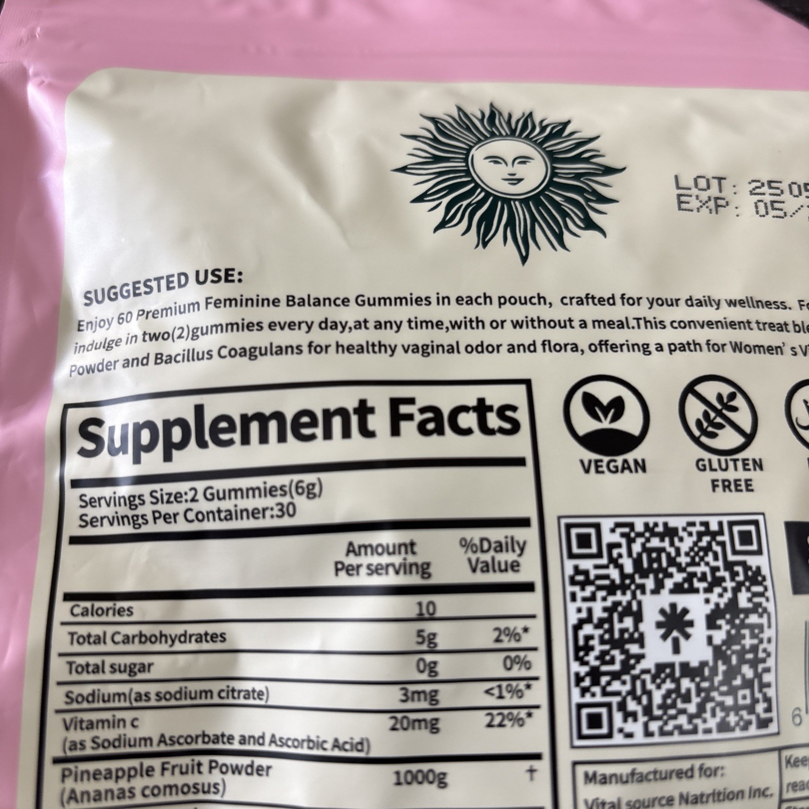 VITAL SOURCE NUTRITION Feminine Balance Gummies Hawaiian Pineapple Exp 05/27 60c