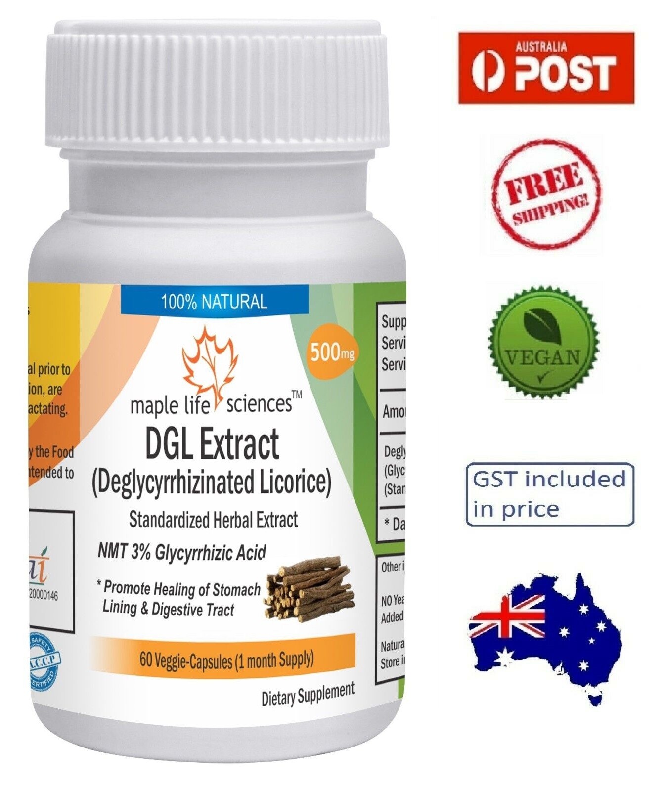 Deglycyrrhizinated Licorice (DGL) Extract Capsules – 500mg – AU Stock