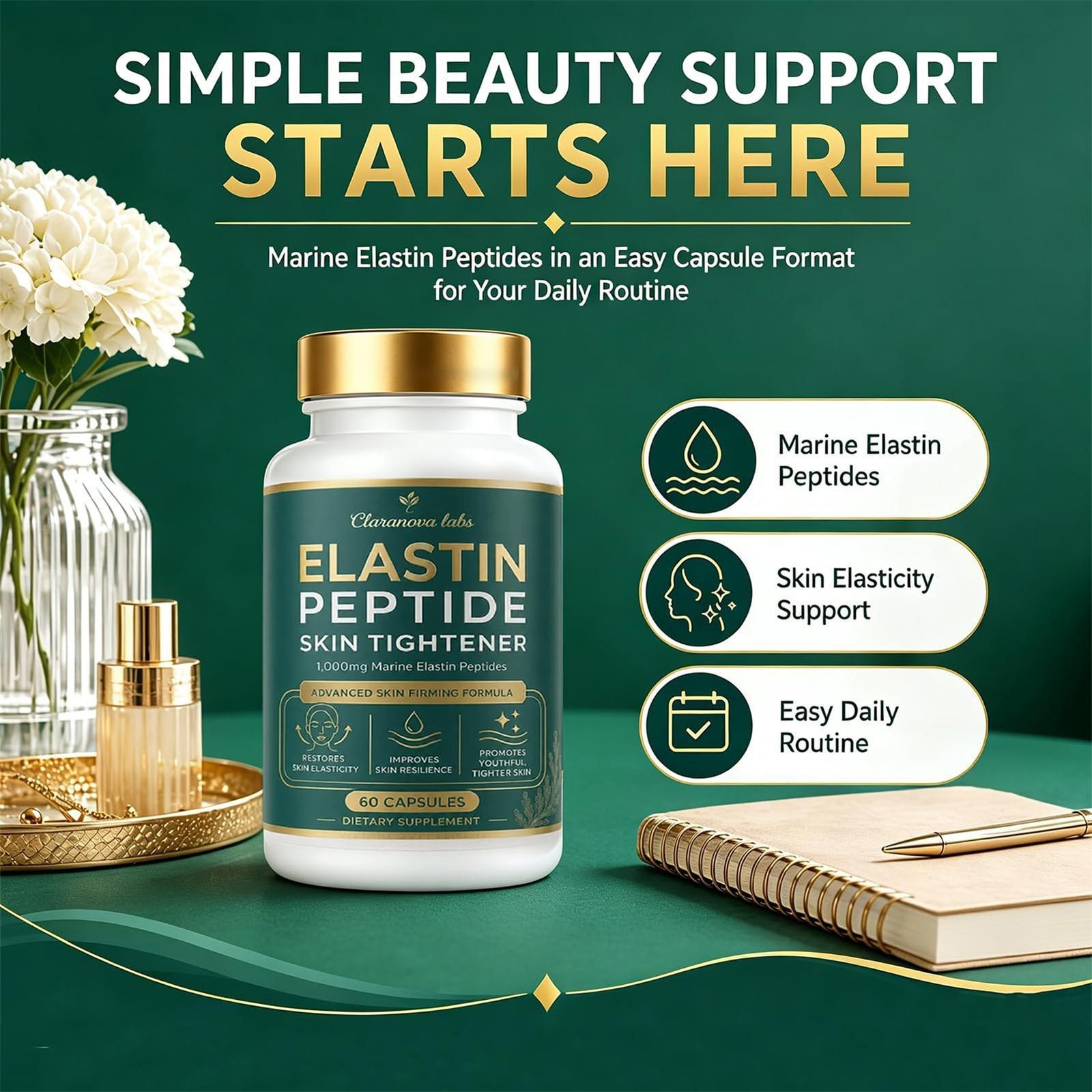 2 X Claranova Labs Marine Elastin Peptides, Skin Tightening Formula 60 Capsules