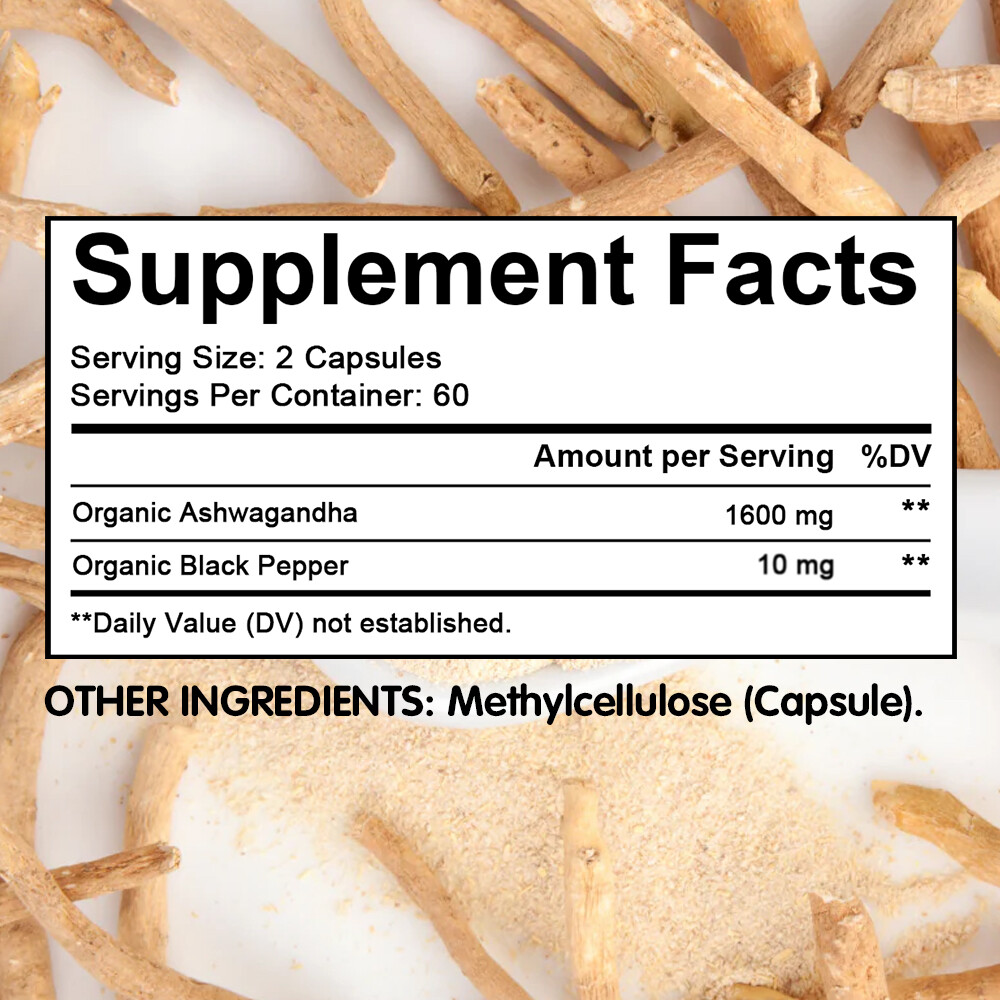 ☀ Organic Ashwagandha Capsules 1600mg with Black Pepper Root Powder