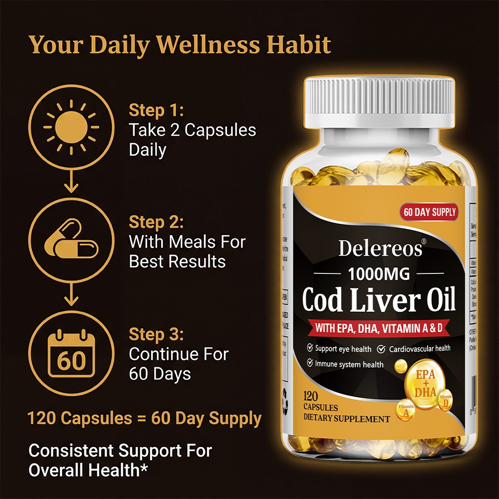 Cod Liver Oil 120 Caps with Omega-3, Vitamin A & D3,Nourish Eyes, Heart & Immune